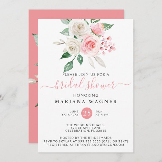 Invitation Fête des mariées florale rose de Pêche (Devant / Derrière)