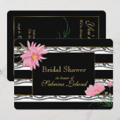 Invitation Fête des mariées florale rose dentelle et rayures (Devant / Derrière)