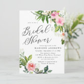 Invitation Fête des mariées florale rose doux (Debout devant)