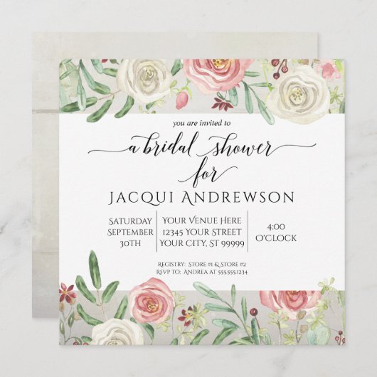 Invitation Fête des mariées florale Rose en ivoire rousse en (Devant / Derrière)