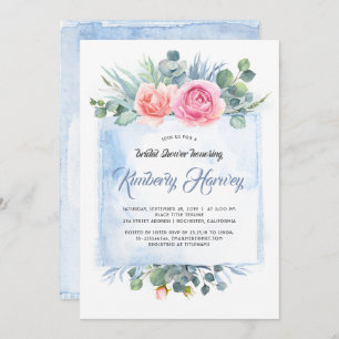 Invitation Fête des mariées florale rose et bleu poussiéreux