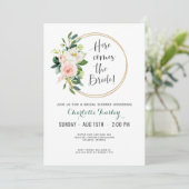 Invitation Fête des mariées florale rose et Turquoise (Debout devant)