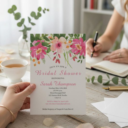 Invitation Fête des mariées florale rose moderne