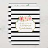 Invitation Fête des mariées florale rose or noir (Devant / Derrière)