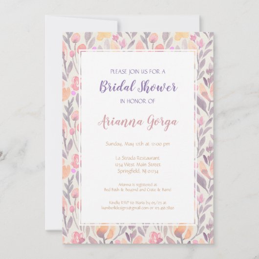 Invitation Fête des mariées florale rose pâle et violet (Devant)