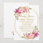 Invitation Fête des mariées florale rose rouge or géométrique (Devant / Derrière)
