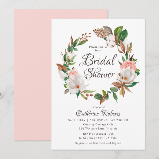 Invitation Fête des mariées florale rose vert rose Budget (Devant / Derrière)