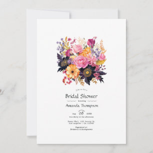Invitation Fête des mariées florale rose, violet, noir et or