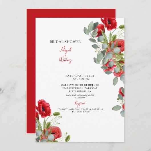 Invitation Fête des mariées florale rouge Eucalyptus dynamiqu (Devant / Derrière)