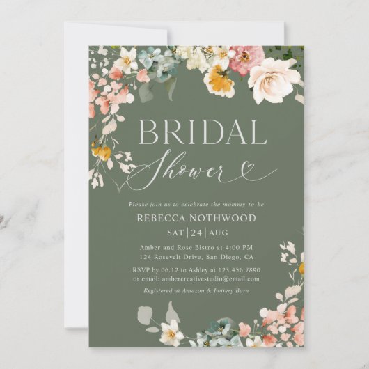Invitation Fête des mariées florale rustique Sage Green (Devant)