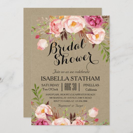 Invitation Fête des mariées florale rustique/texture papier k (Devant / Derrière)