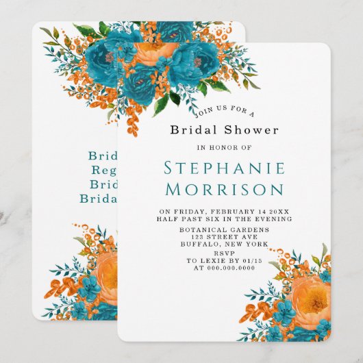 Invitation Fête des mariées florale turquoise et orange peint (Devant / Derrière)