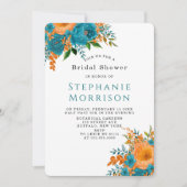 Invitation Fête des mariées florale turquoise et orange peint (Devant)