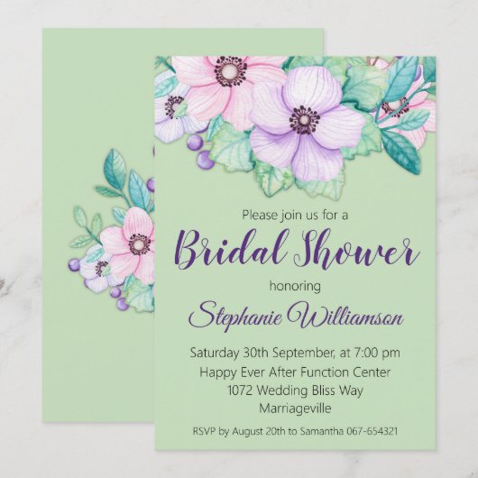 Invitation Fête des mariées florale verte à la menthe (Devant / Derrière)