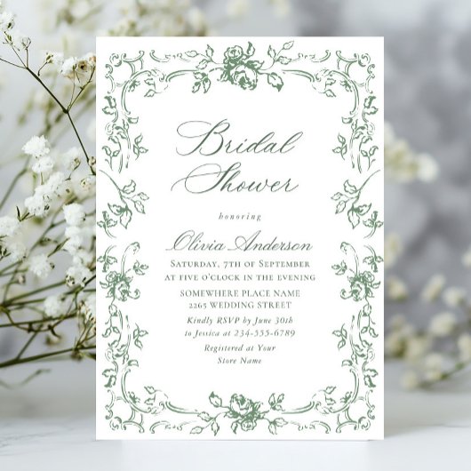 Invitation Fête des mariées florale verte de la Renaissance