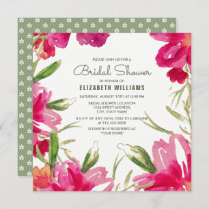 Invitation Fête des mariées florale verte romantique Fuchsia