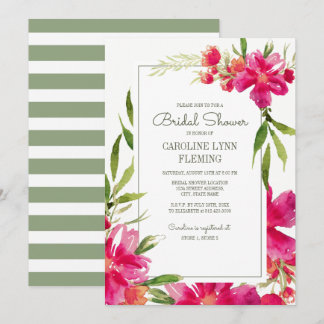Invitation Fête des mariées florale verte romantique Fuchsia