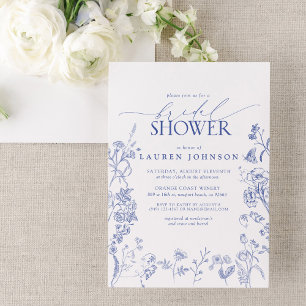 Invitation Fête des mariées Florale Victorienne Bleue & Blanc