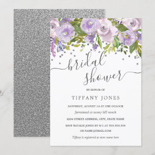 Invitation Fête des mariées florale violet en argent Confetti