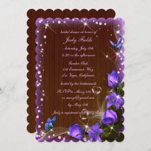 Invitation Fête des mariées florale violet en bois foncé rust