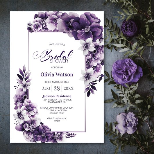 Invitation Fête des mariées florale violet rustique