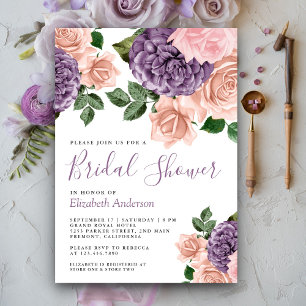Invitation Fête des mariées florale violette rustique Dusty