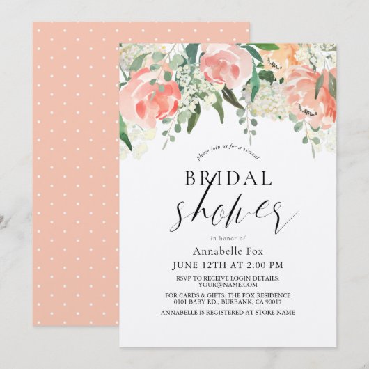 Invitation Fête des mariées florale virtuelle du Rose Waterco (Devant / Derrière)