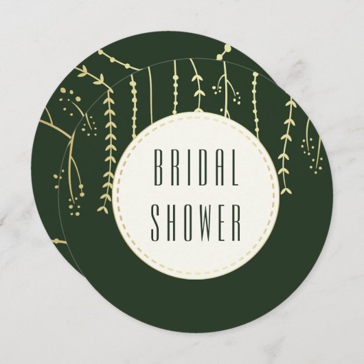 Invitation Fête des mariées | Fronds dorés modernes sur vert (Devant / Derrière)