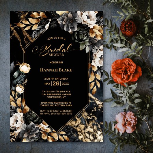 Invitation Fête des mariées géométrique Florale d'or noir