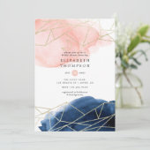 Invitation Fête des mariées géométrique marine et couleur bla (Debout devant)