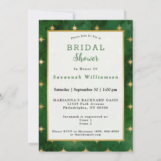 Invitation Fête des mariées Glam Green Gold Stars