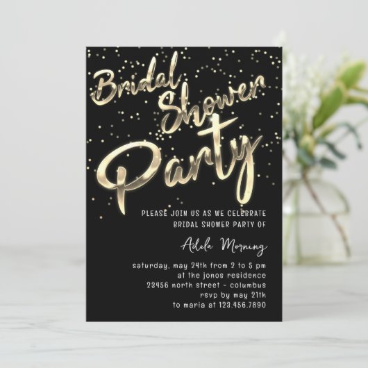 Invitation Fête des mariées Gold Confetti Script noir blanc (Debout devant)