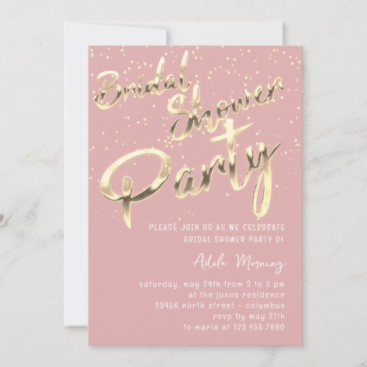 Invitation Fête des mariées Gold Confetti Script Rose (Devant)