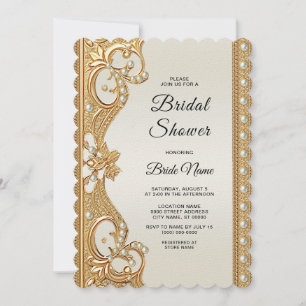 Invitation Fête des mariées Gold Ornate White Pearls