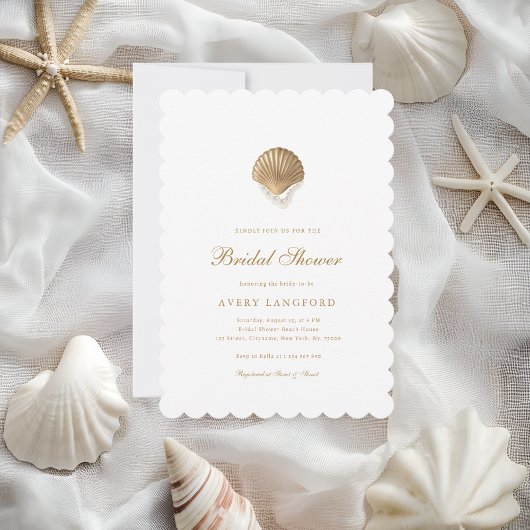 Invitation Fête des mariées Gold Seashell & Pearl