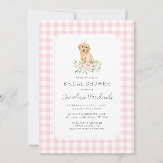 Invitation Fête des mariées Golden Retriever En vichy rose (Devant)