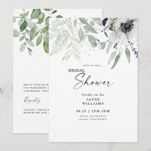 Invitation Fête des mariées Hiver Blanc Floral Botanique (Devant / Derrière)