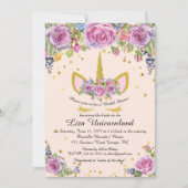 Invitation Fête des mariées Honorer, licorne, rose, fleurs (Devant)