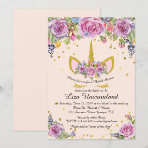 Invitation Fête des mariées Honorer, licorne, rose, fleurs