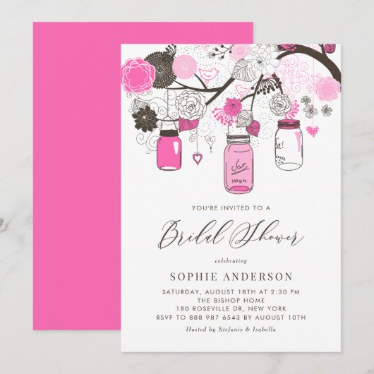 Invitation Fête des mariées Hot Pink Mason Jars (Devant / Derrière)