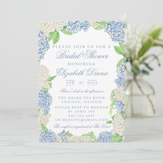 Invitation Fête des mariées Hydrangea bleu et blanc (Debout devant)