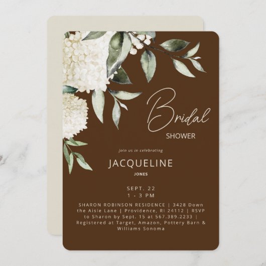 Invitation Fête des mariées Hydrangeas Brown et crème blanche (Devant / Derrière)