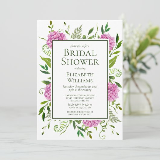 Invitation Fête des mariées Hydrangeas rose (Debout devant)