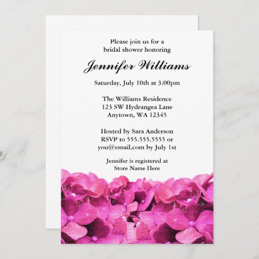 Invitation Fête des mariées Hydrangeas rose (Devant / Derrière)
