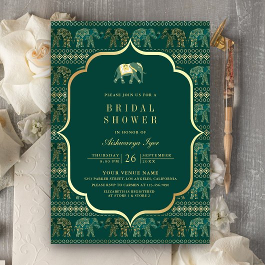 Invitation Fête des mariées indienne Emerald et Gold Elephant