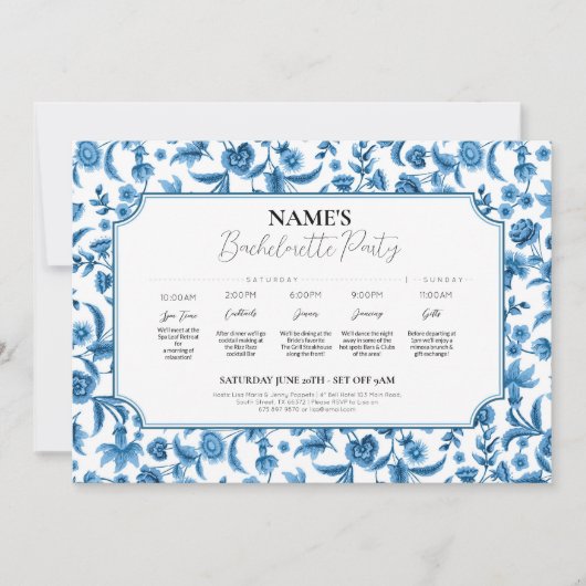 Invitation Fête des mariées Itinéraire Chintz Bleu & Blanc Fl (Devant)