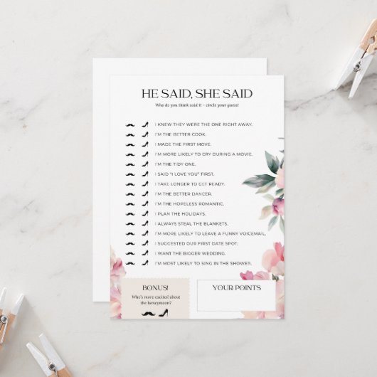 Invitation Fête des mariées Jeu Il A Dit Elle A Dit Rose Flor (Devant/Arrière en situation)