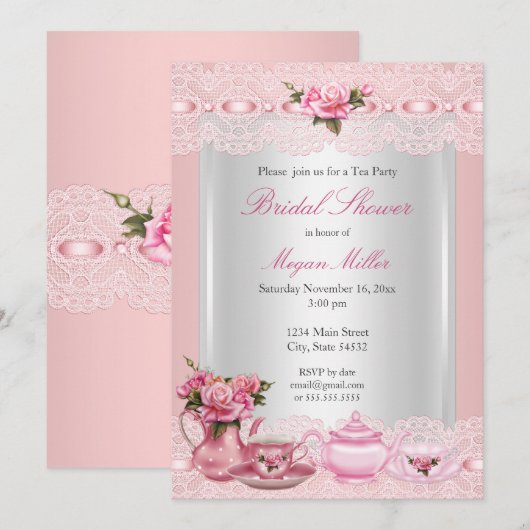Invitation Fête des mariées Jolie rose roses High Tea Party (Devant / Derrière)