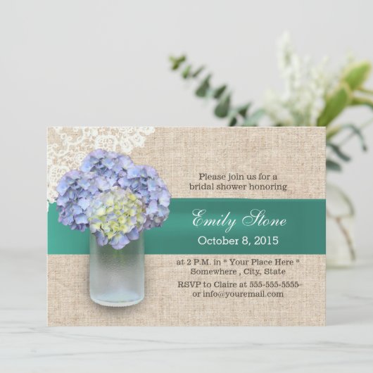 Invitation Fête des mariées Laced Burlap Hydrangea & Mason Ja (Debout devant)