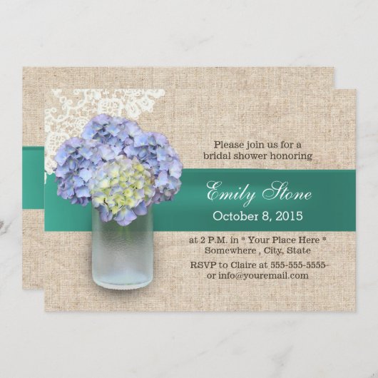 Invitation Fête des mariées Laced Burlap Hydrangea & Mason Ja (Devant / Derrière)